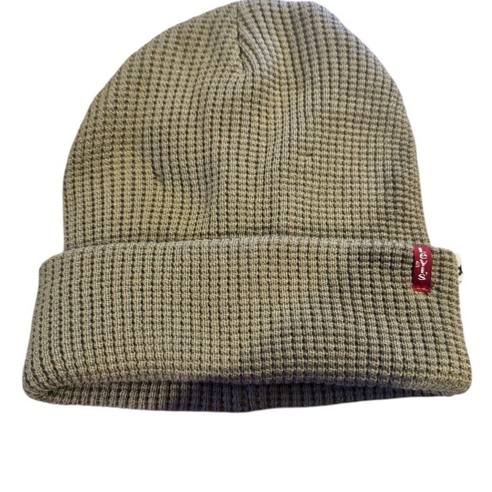 Levi's Beanie Hat Tan Waffle‎ Knit Cuffed Logo Accent